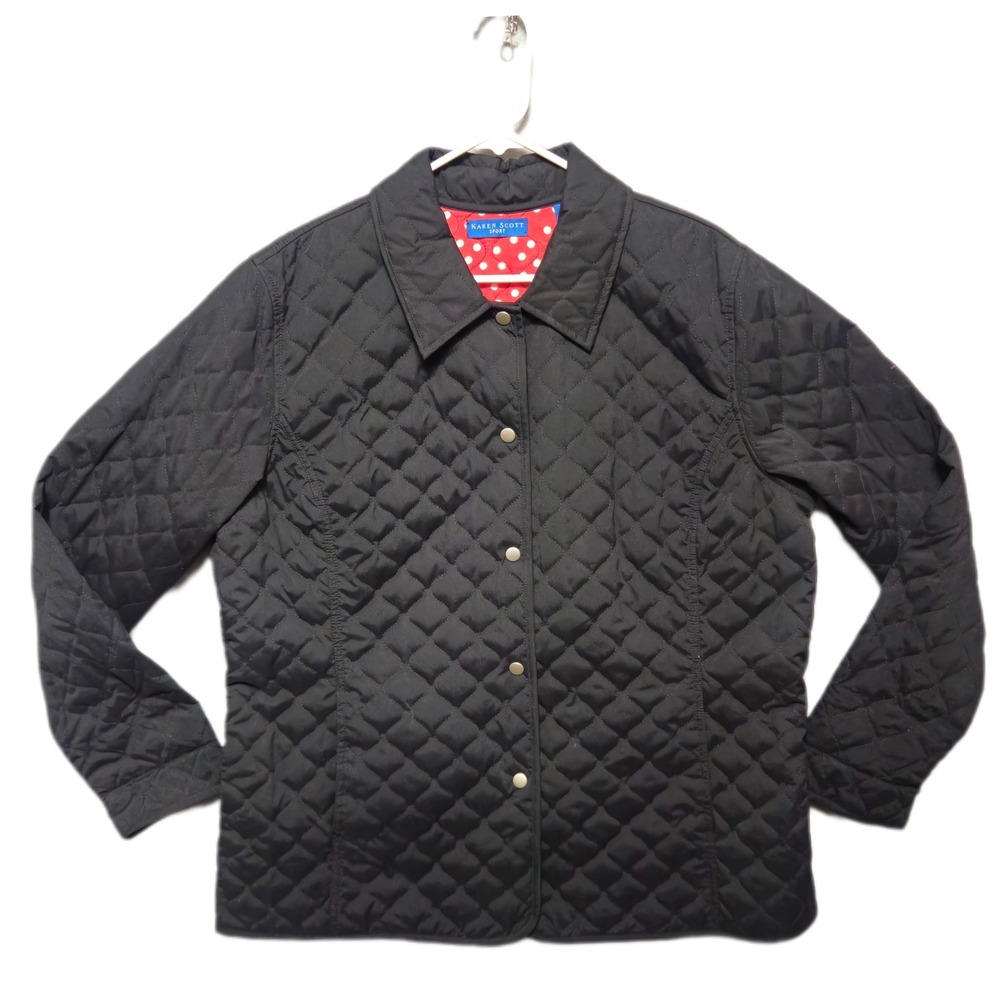 KAREN SCOTT SPORT Quilted Jacket Womens Small Black Snap Front Red Polka Dot NEW